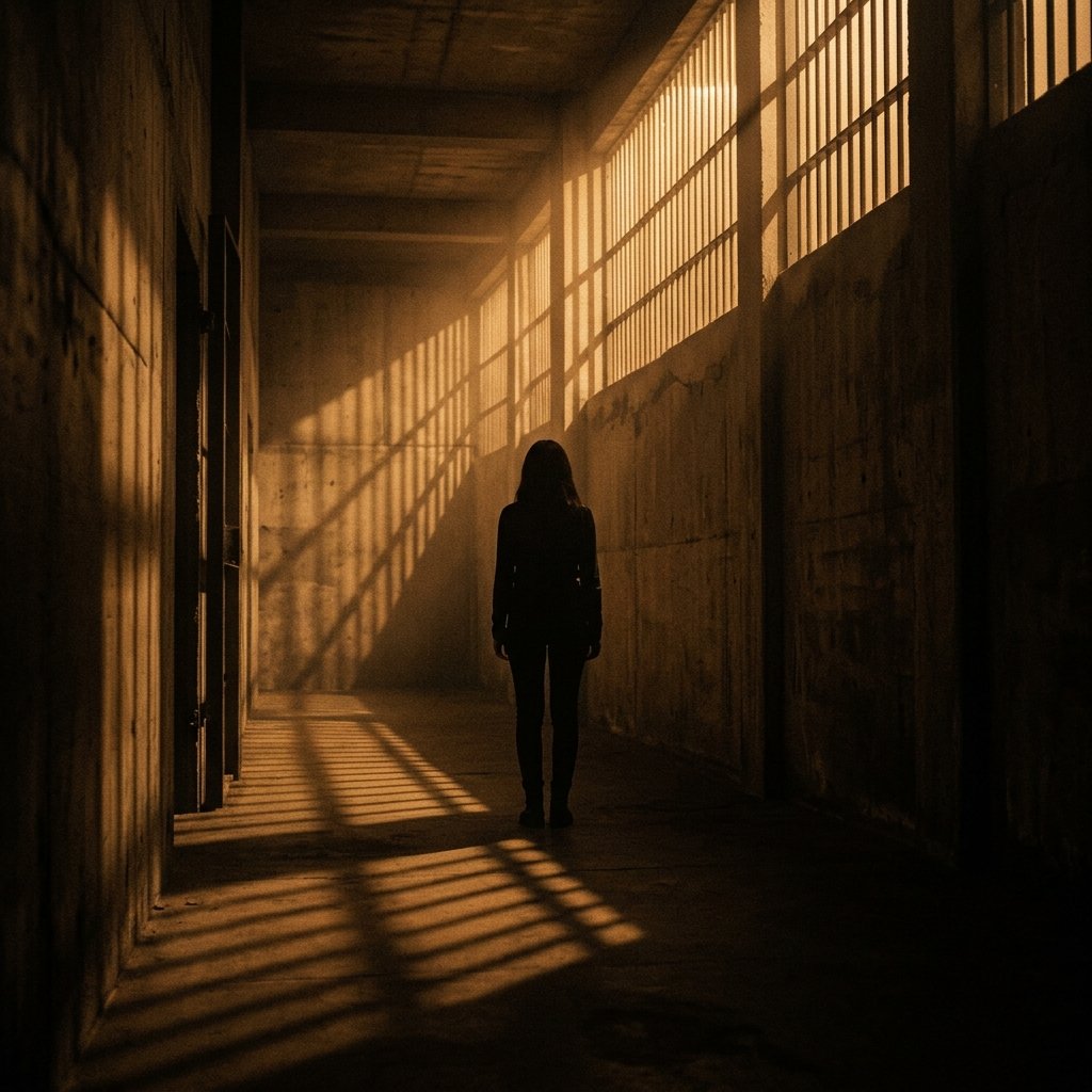 A woman silhouette in a prison corridor, amber light through bars